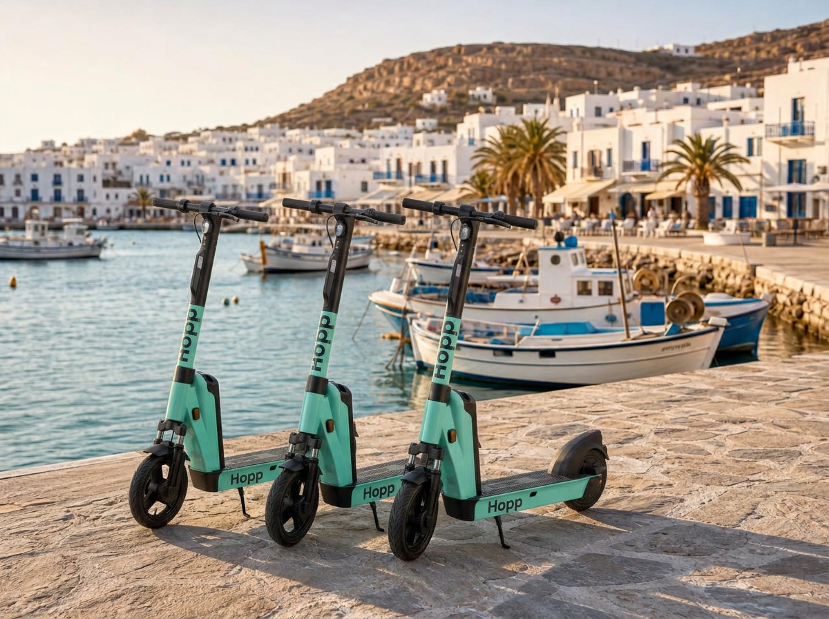 Hopp e-scooters parked on a Greek waterfront promenade